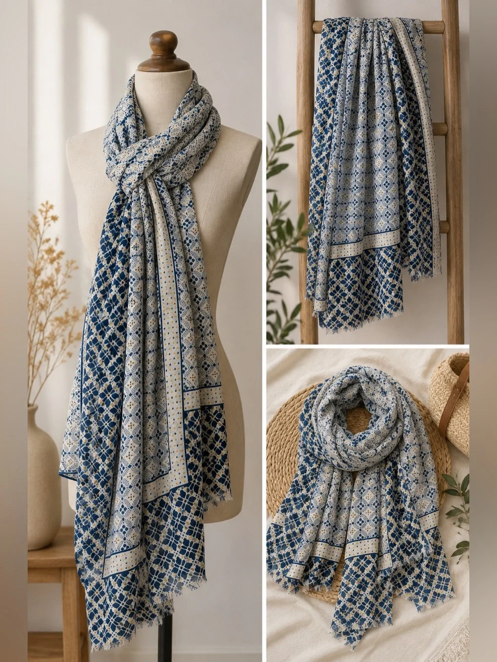 NWT Cotton Blue White Tile Print Oversized Scarf Wrap Shawl 35x70
